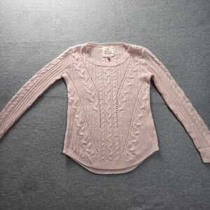 SO Perfect Pullover Pink Cable Knit Sweater Pointelle Fitted Crew Neck Small